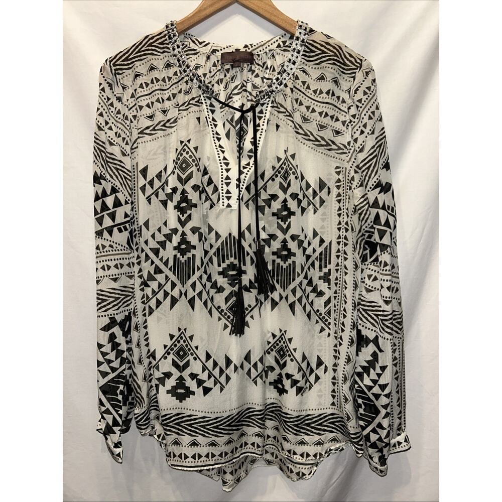 Hale Bob Womens Large White Aztec Sheer Silk Blouse Tassel Quiet Luxury Boho
